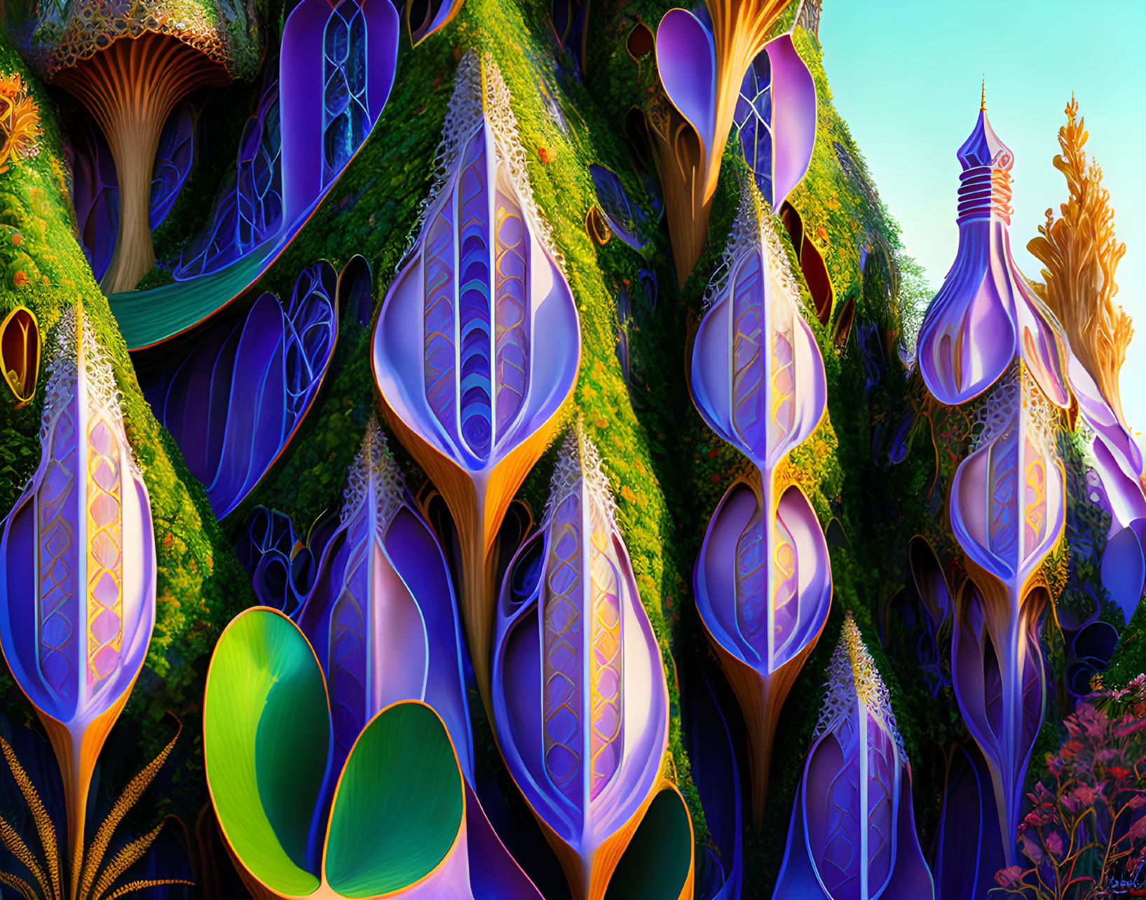 Colorful, organic shapes in a fantastical landscape with intricate patterns among lush foliage