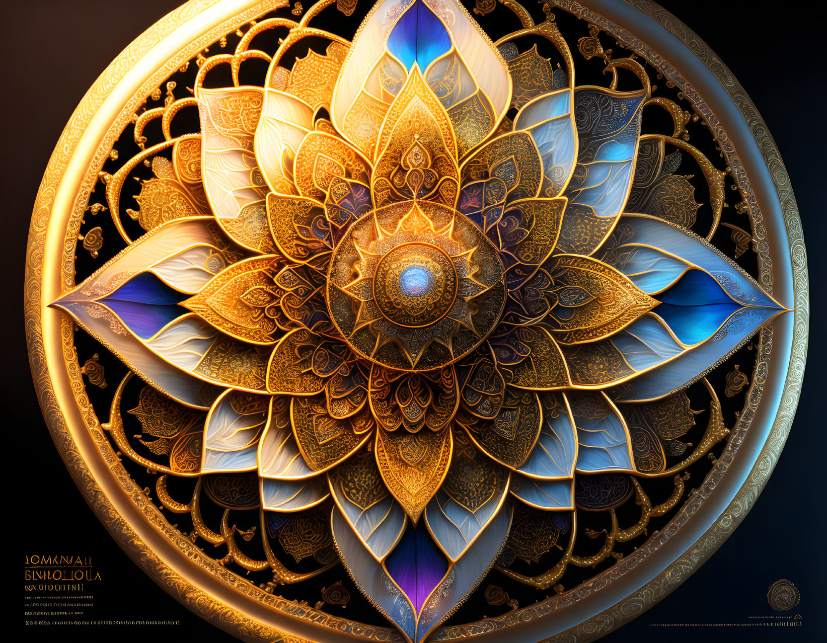 Detailed digital artwork: Golden mandala with central blue gem and intricate geometric patterns.