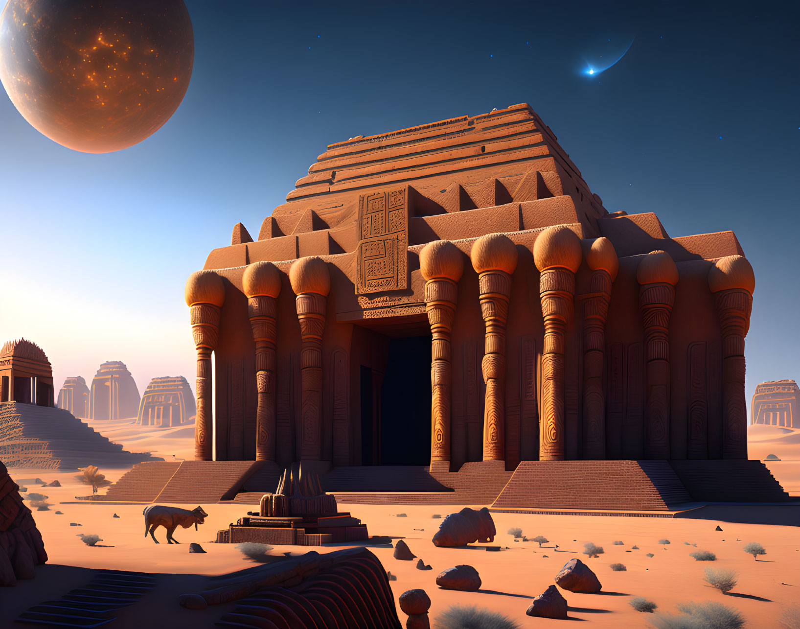 Ancient Egyptian temple in desert twilight with moon and lion