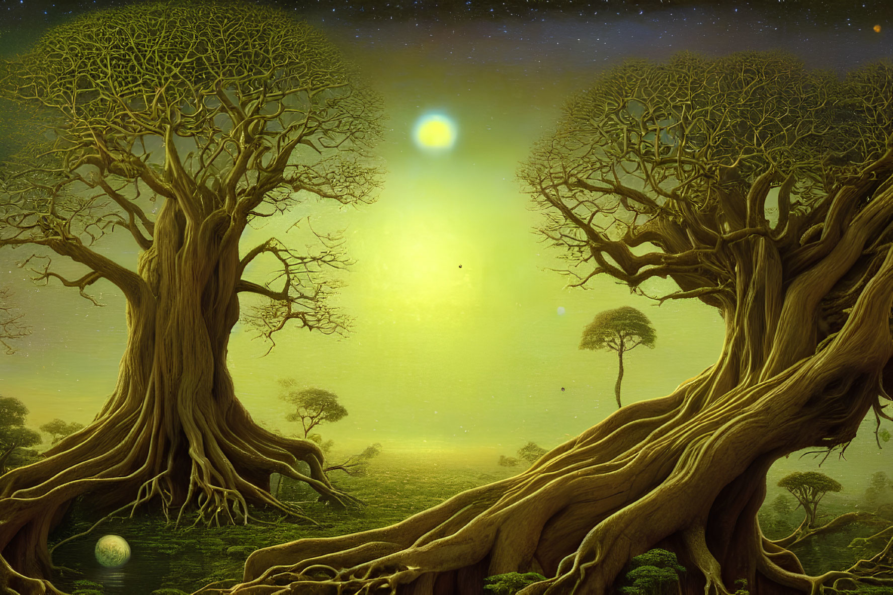 Mystical landscape featuring large trees, starry sky, and distant planet