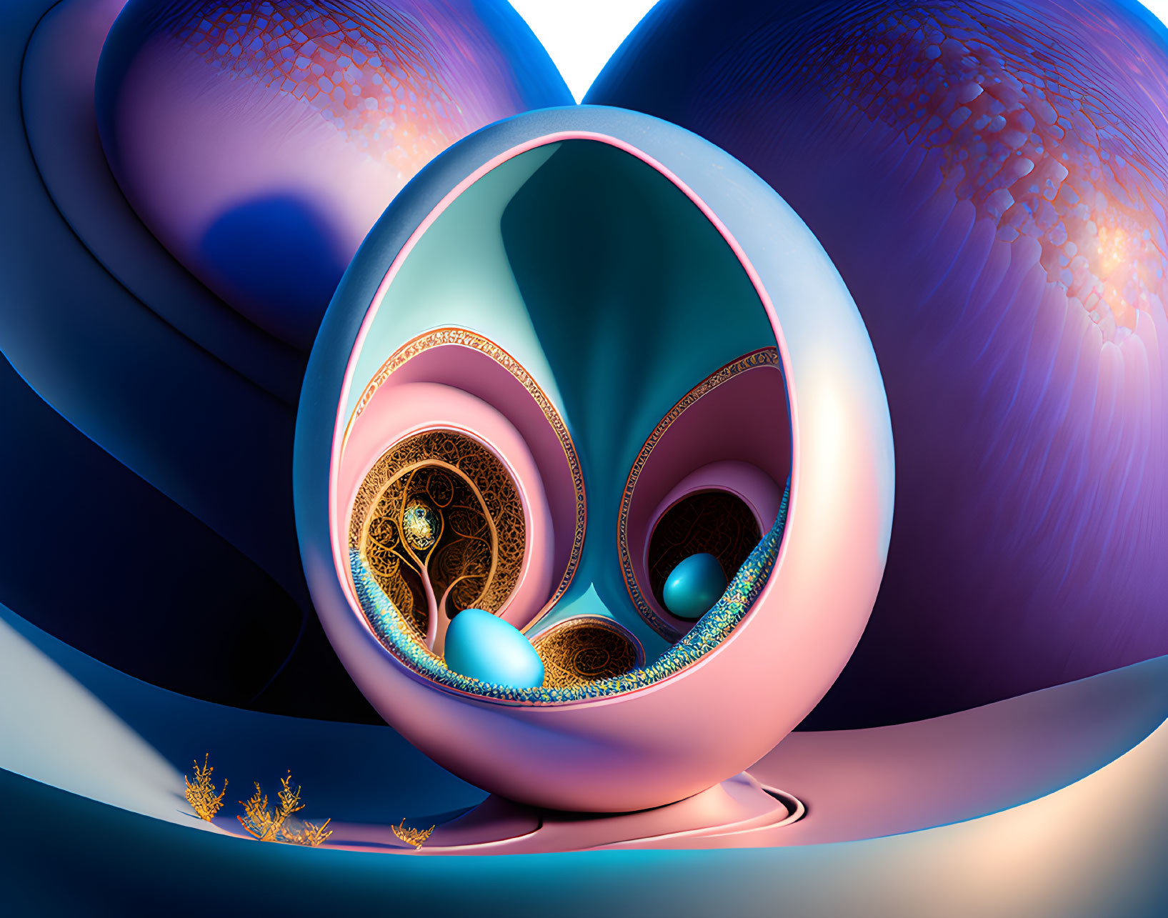 Spiraling Blue, Pink, and Gold Fractal Art with Abstract Patterns