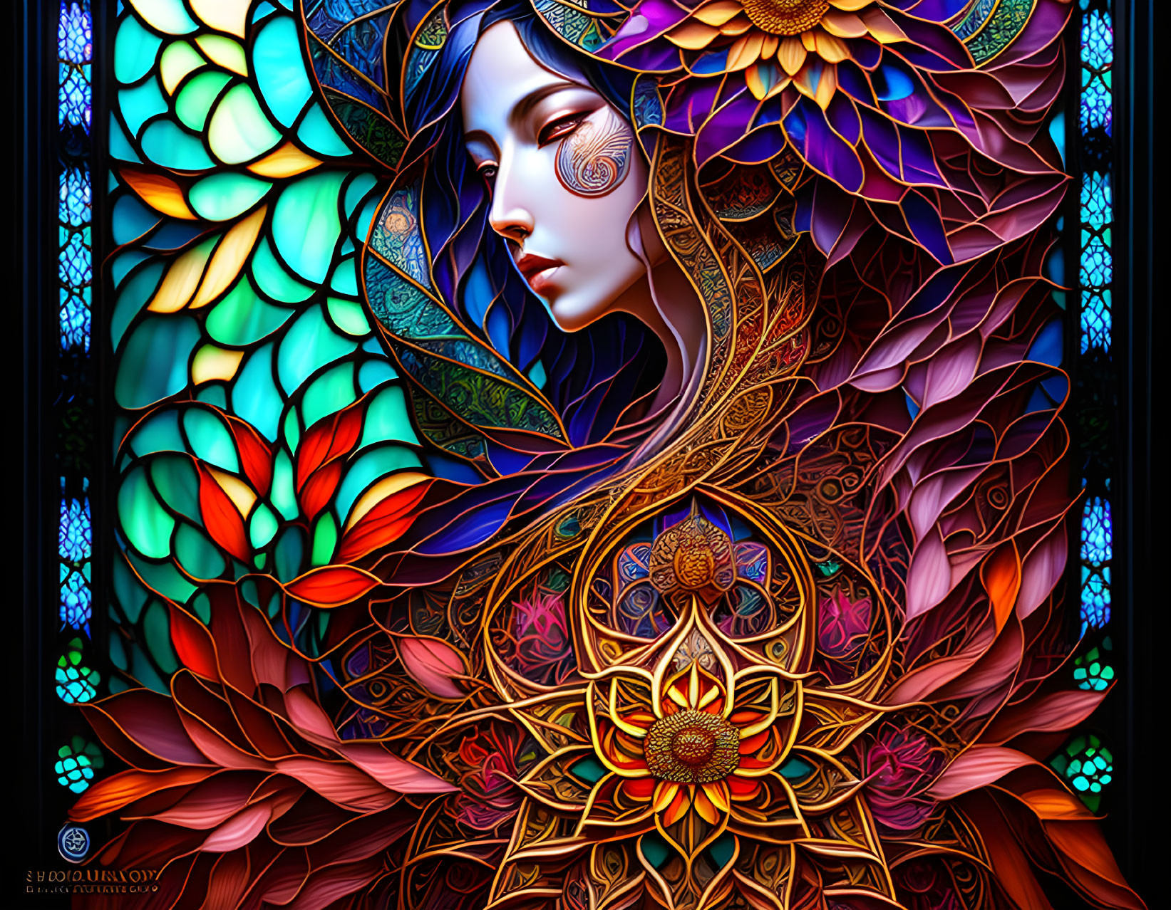 Colorful Stylized Woman Artwork with Floral & Geometric Patterns