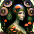 Surreal female portrait with mushrooms, vegetation, and cosmic headpiece