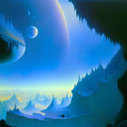 Surreal landscape with vibrant blue hues and floating islands