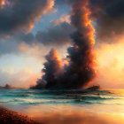 Dramatic oil painting of tumultuous sea with burning ship and fiery sky