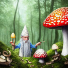 Fantastical bearded character with crown in enchanted forest among oversized mushrooms