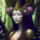 Mystical pale female figure with ornate headpiece in forest setting