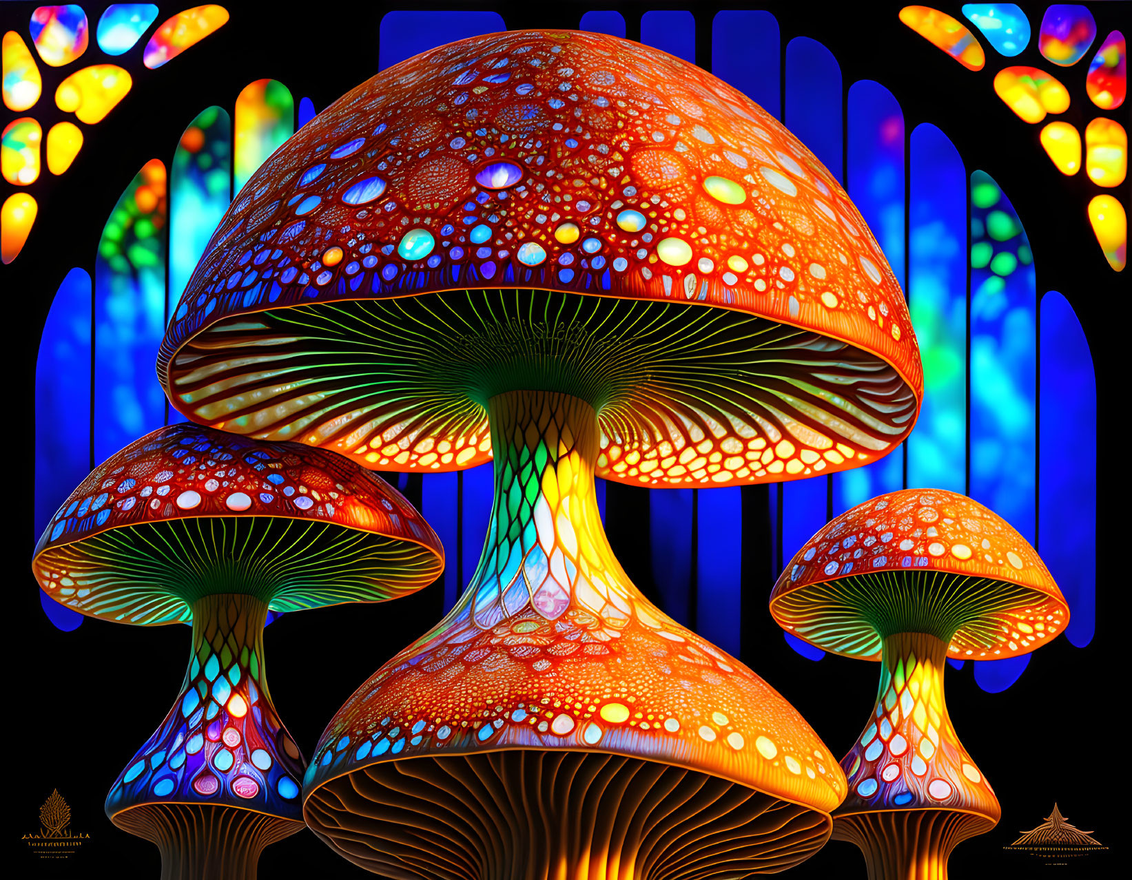 Colorful luminescent mushrooms against stained glass windows