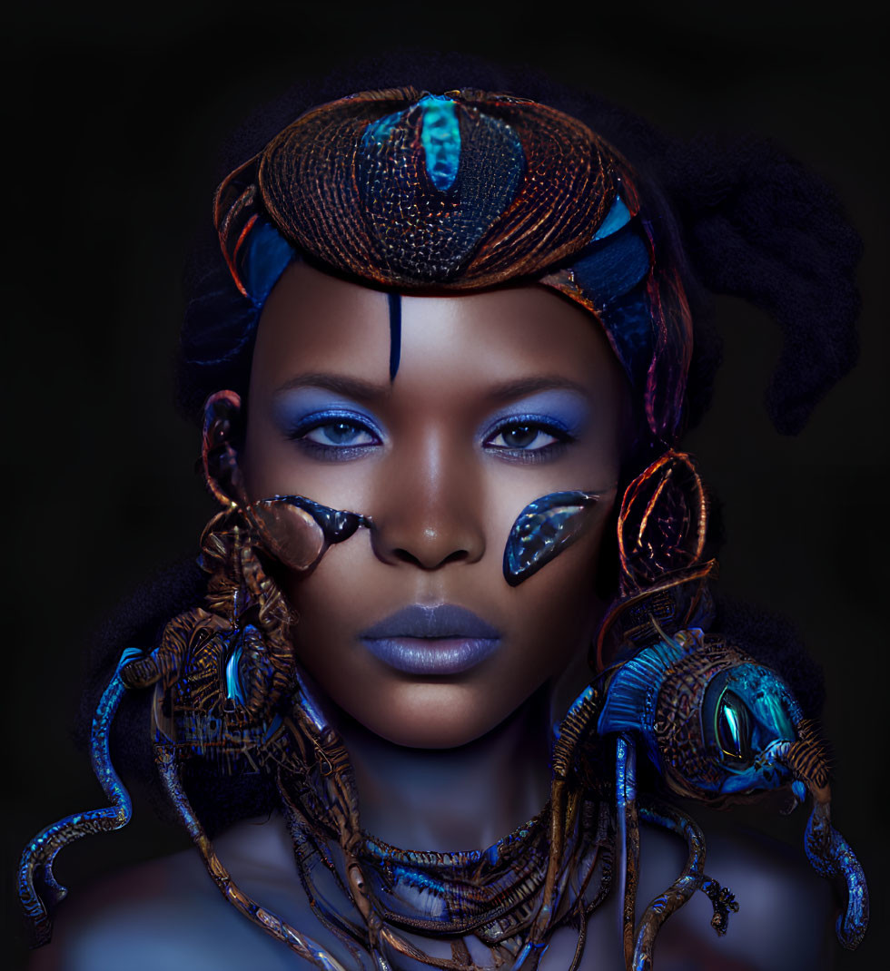 Woman with Stylized Makeup and Beadwork in Vivid Blue Tones