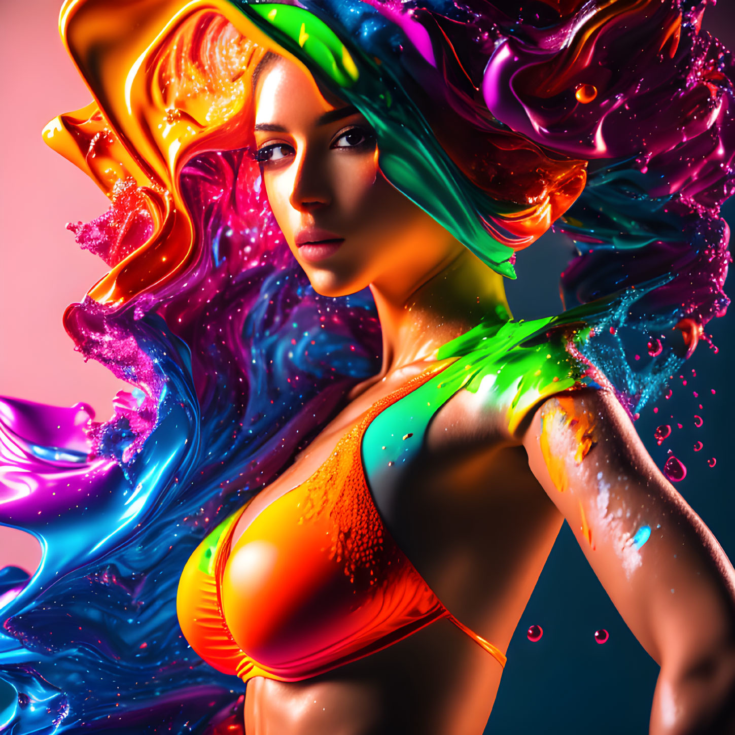 Colorful liquid splashes surround woman in vibrant digital art