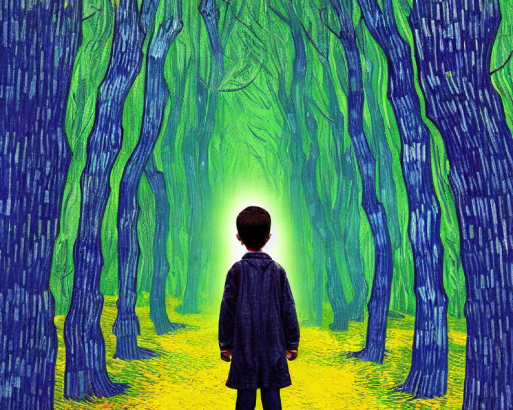 Child standing at edge of vibrant forest with blue trees and glowing green path