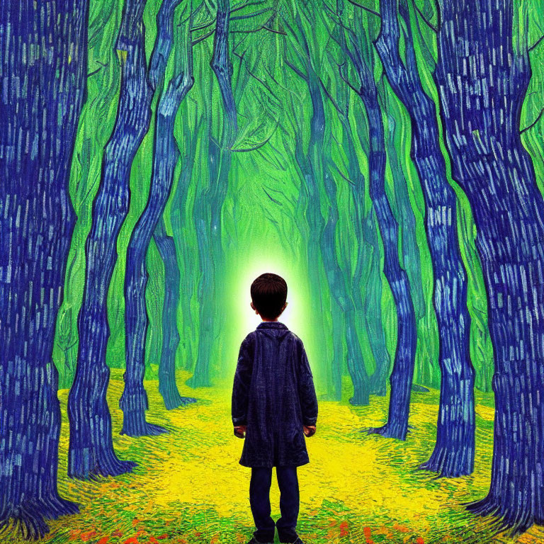 Child standing at edge of vibrant forest with blue trees and glowing green path