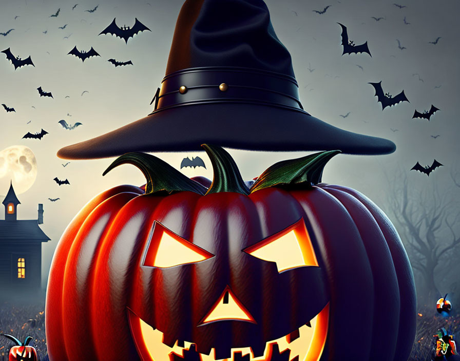 Sinister smile carved pumpkin with witch hat in spooky Halloween scene