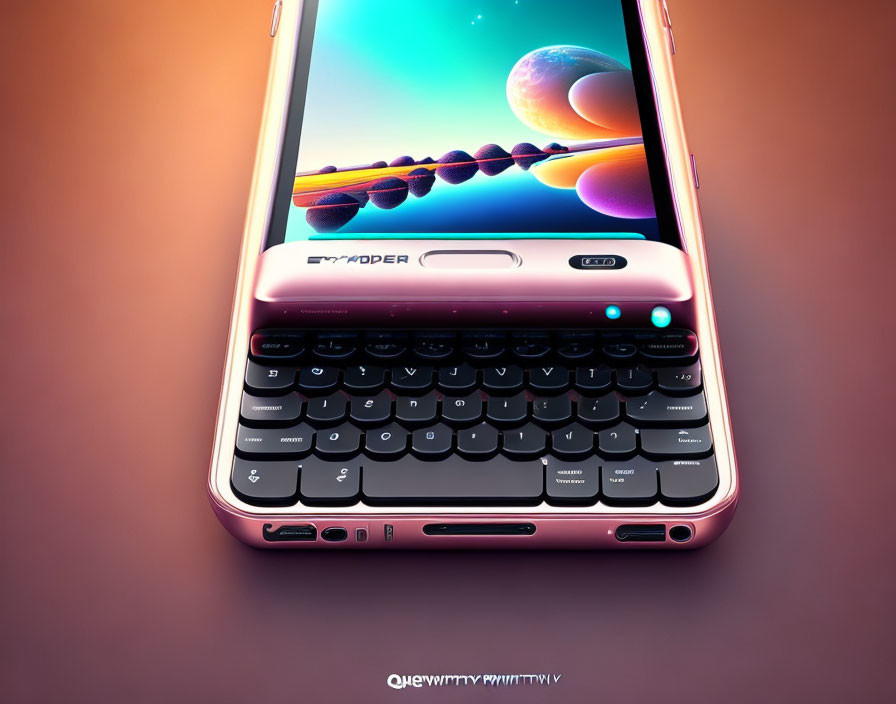 Smartphone with QWERTY keyboard and cosmic planet wallpaper on gradient background