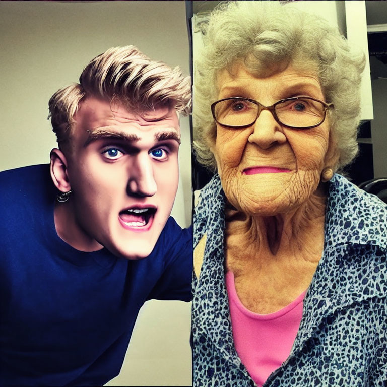 Exaggerated young man and smiling elderly woman contrast in image