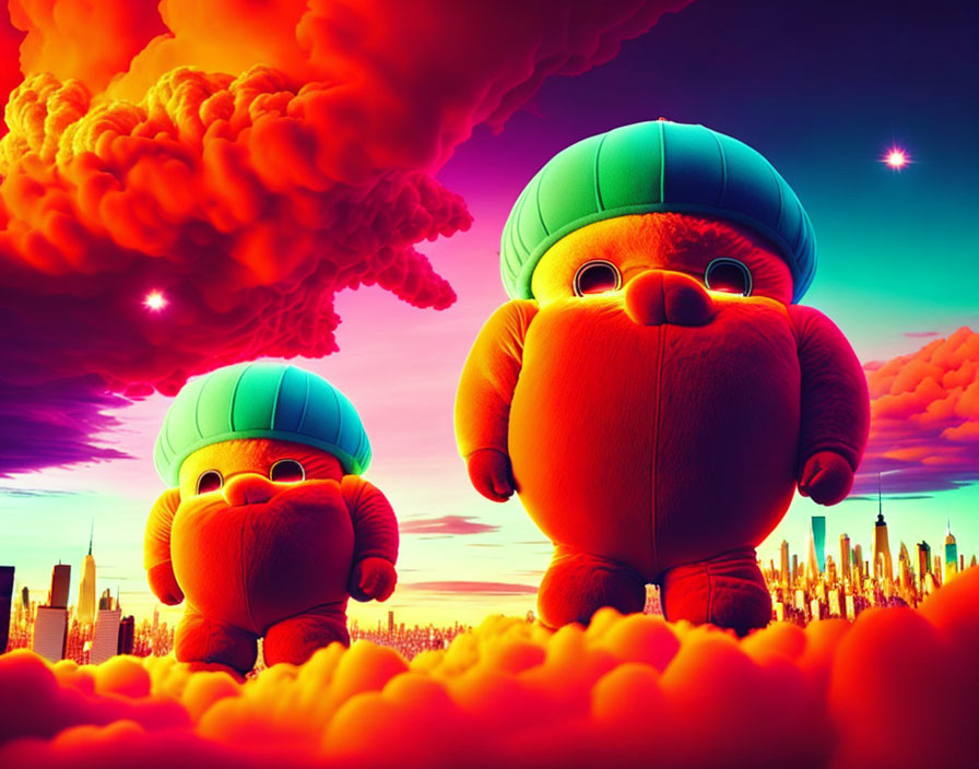 Colorful surreal landscape with stylized characters and city skyline at sunset