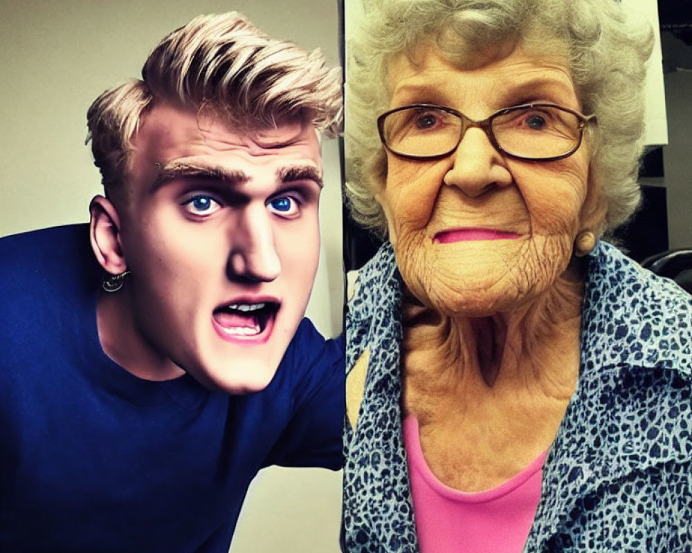 Exaggerated young man and smiling elderly woman contrast in image