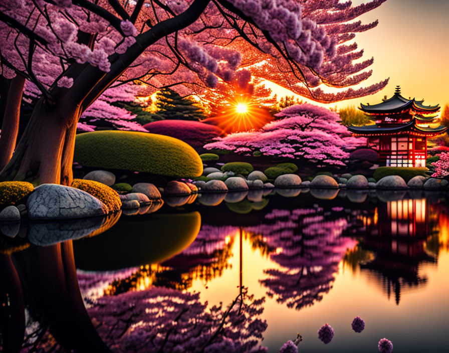 Tranquil Japanese garden with cherry blossoms, red bridge, and serene pond