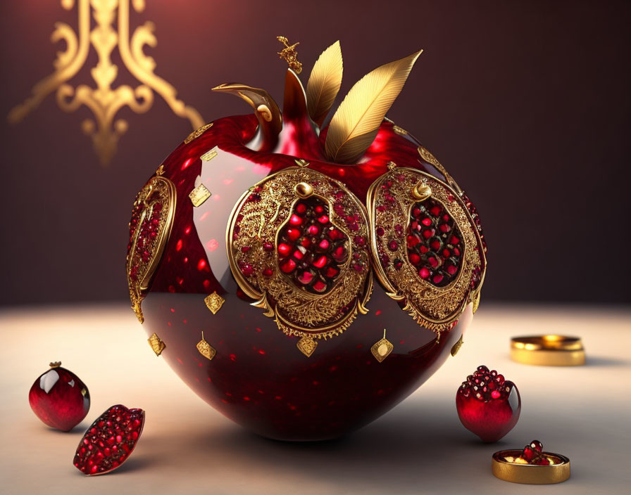 Luxurious ornamental apple with golden filigree and pomegranate motifs on moody backdrop