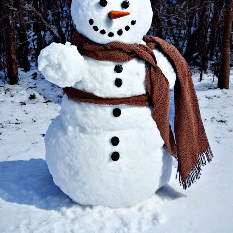 Snowman with scarf, buttons, and smiling face in snowy landscape