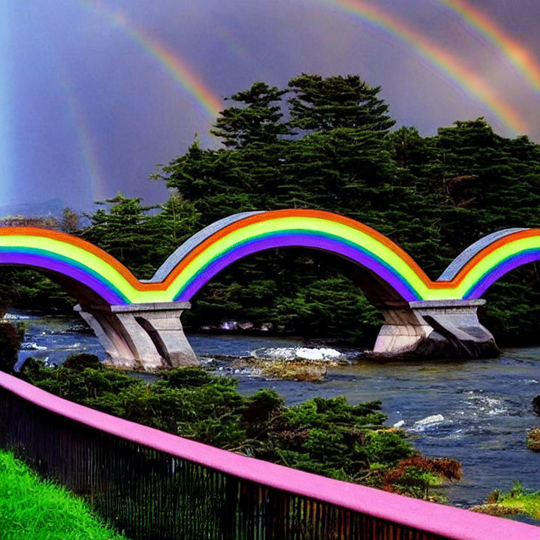 Colorful Rainbow Bridge Over Riverbank with Cloudy Sky