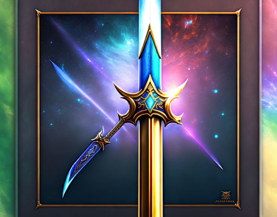 Ornate jewel-encrusted sword on celestial background