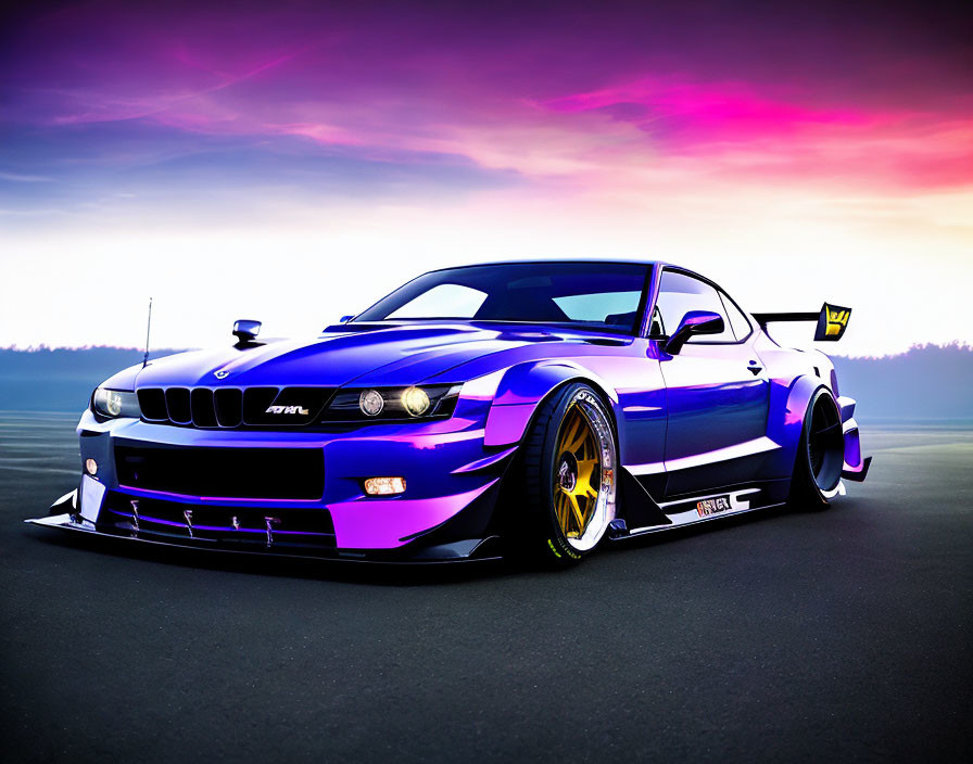 Modified BMW Sportscar with Blue & Purple Paint, Body Kit, Rear Wing, Gold Rims &