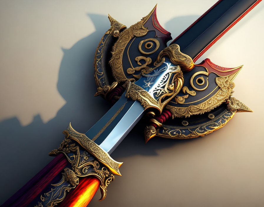 Intricate Golden-Patterned Double-Bladed Axe