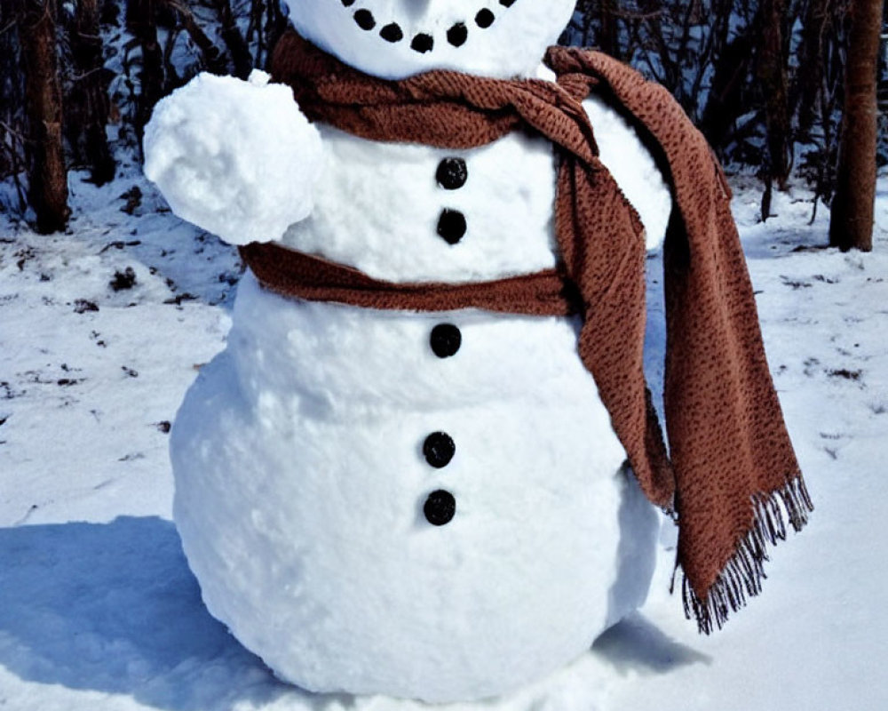 Snowman with scarf, buttons, and smiling face in snowy landscape