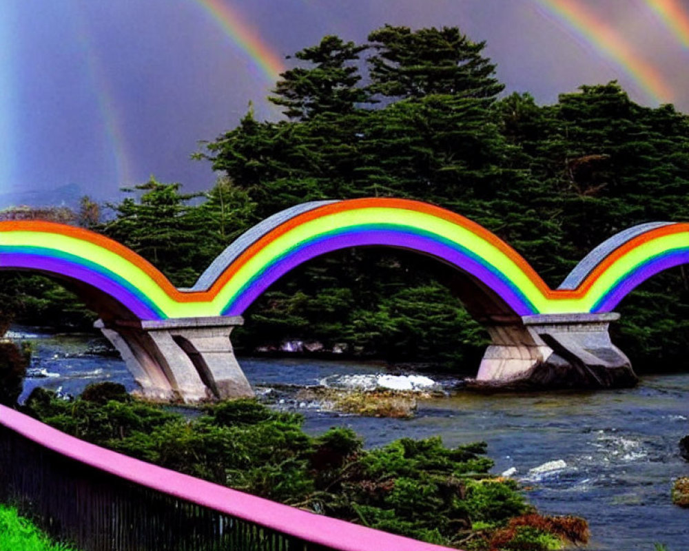 Colorful Rainbow Bridge Over Riverbank with Cloudy Sky