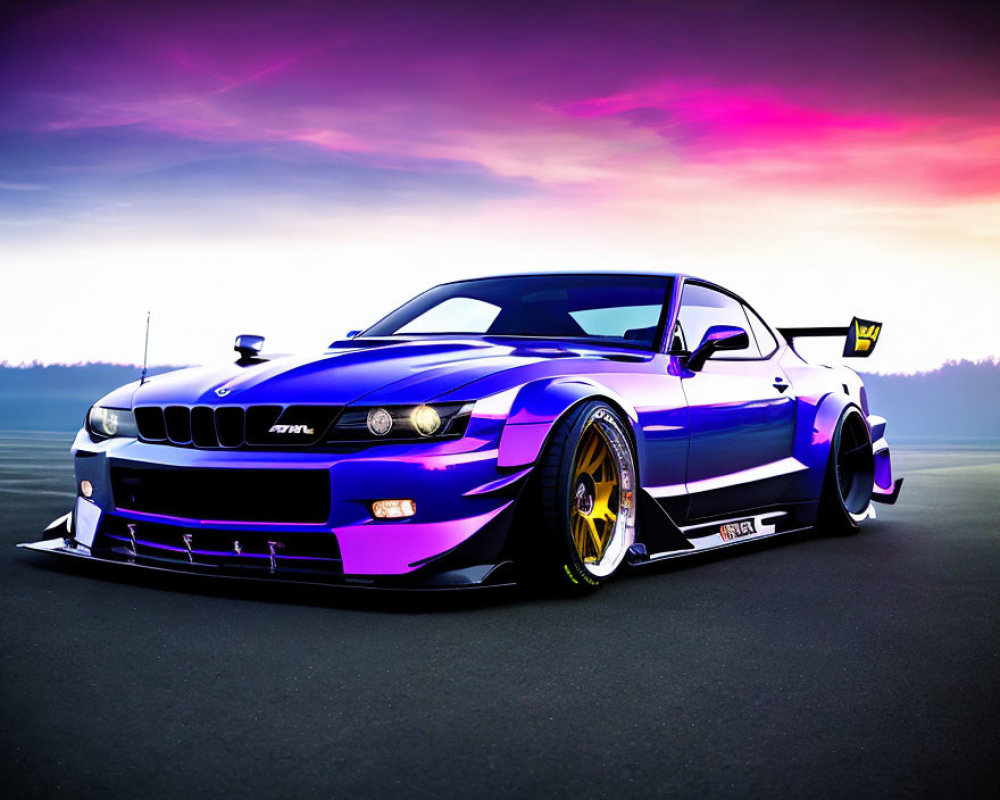 Modified BMW Sportscar with Blue & Purple Paint, Body Kit, Rear Wing, Gold Rims &