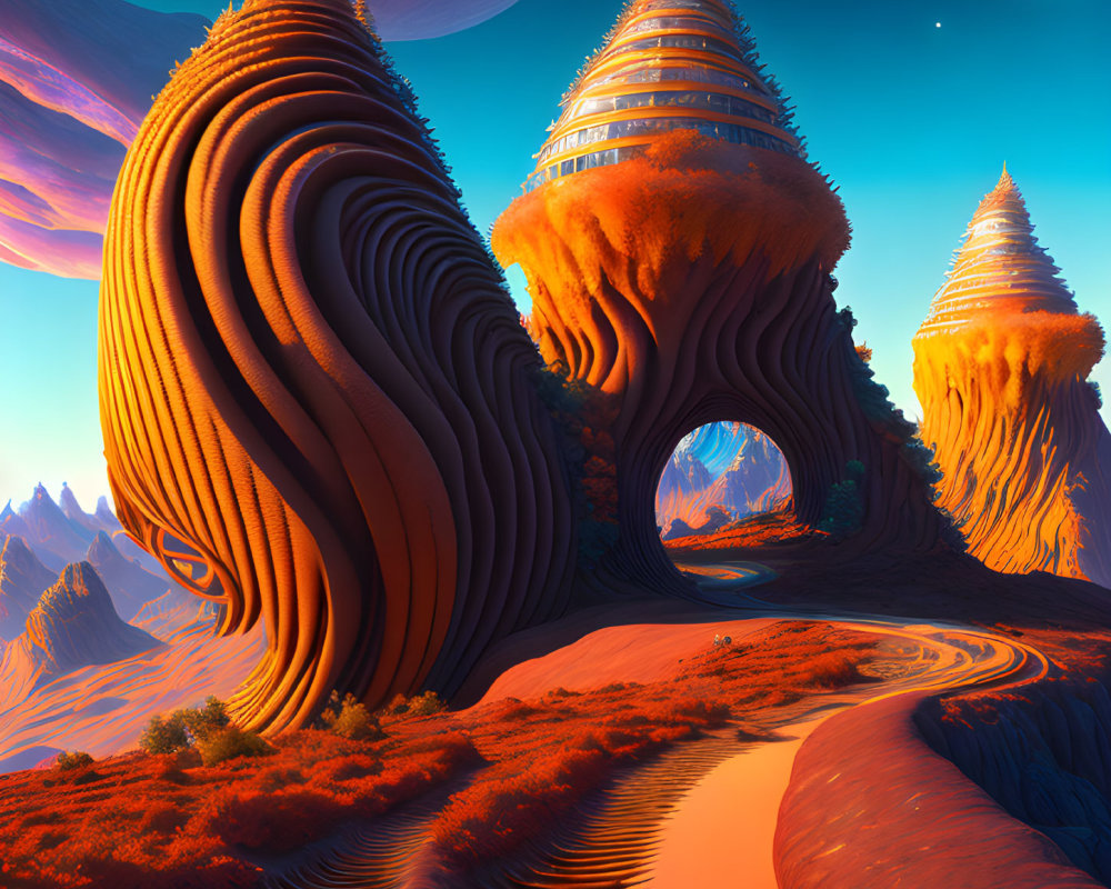 Surreal landscape with swirling rock formations and futuristic building under blue sky