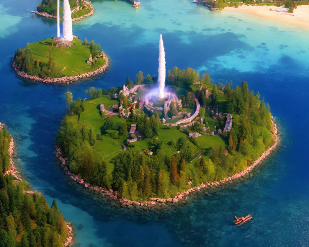 Lush Green Island with Fountain, Blue Waters, Boats, and Lighthouse