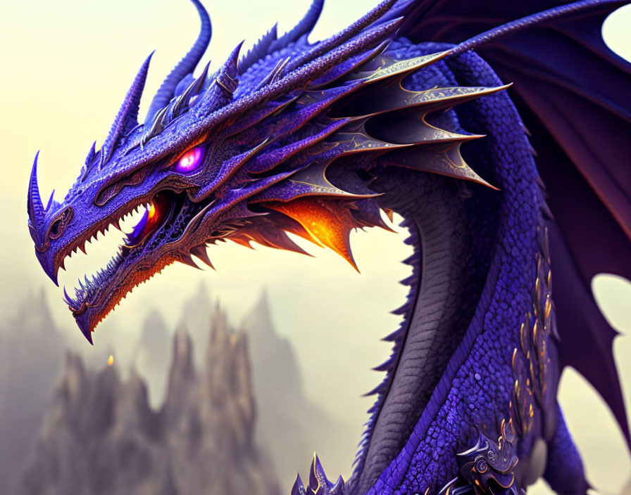 Blue dragon with purple highlights and red eyes in misty mountain setting