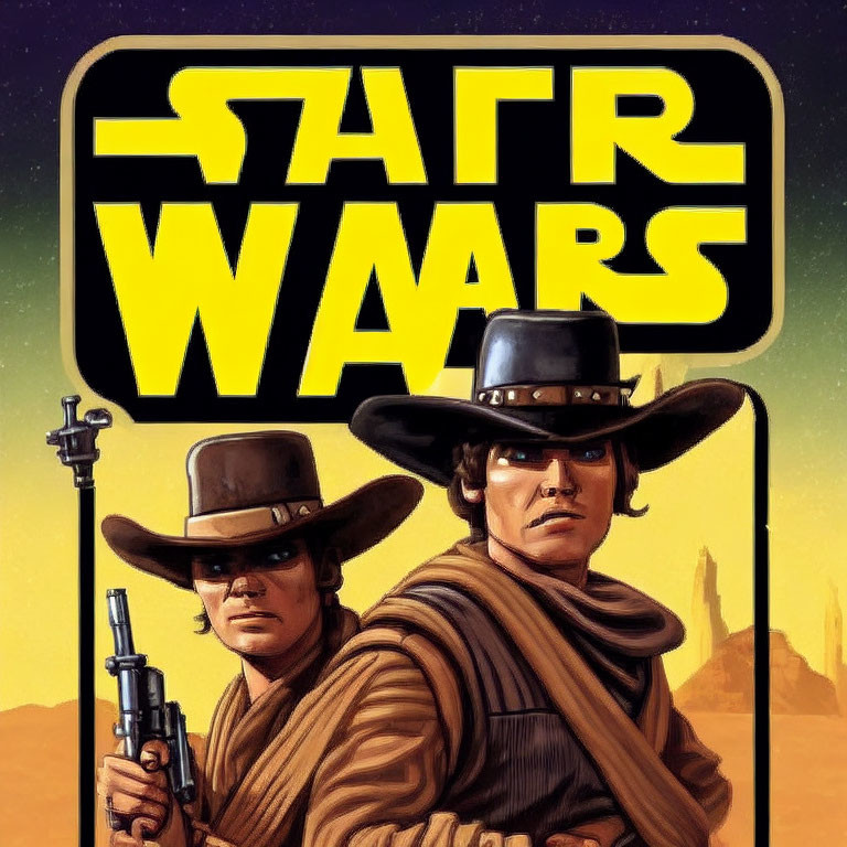 Sci-fi artwork with two characters in cowboy attire in a desert setting.