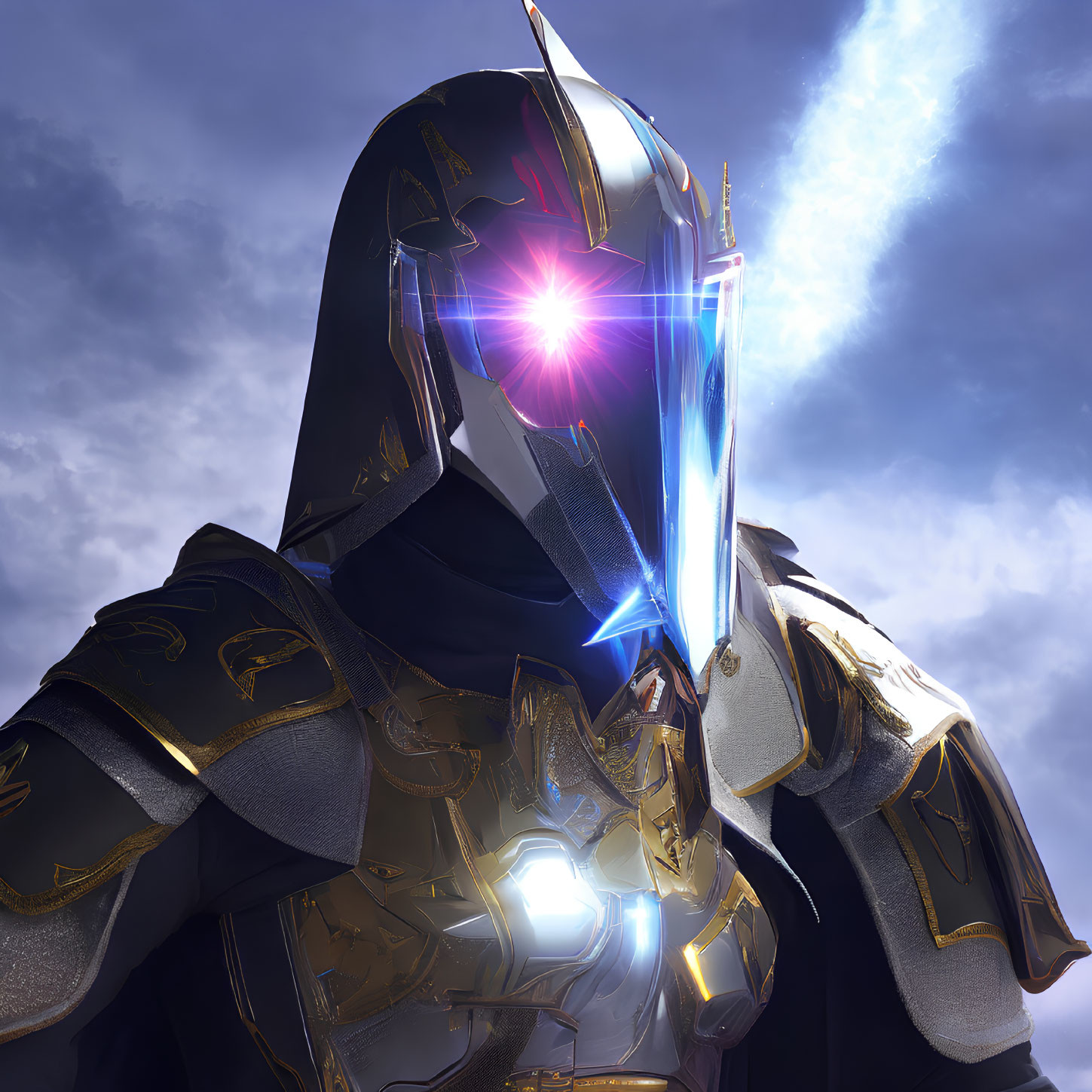 Futuristic knight in golden black armor wields glowing blue energy sword