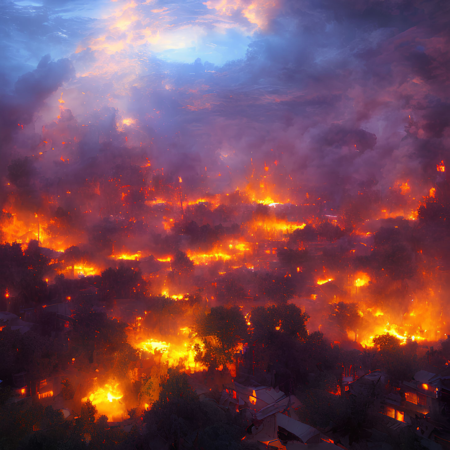 Settlement engulfed by devastating wildfire at dusk