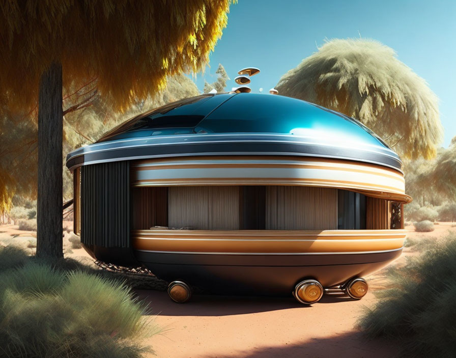 Futuristic disc-shaped vehicle with metallic finish parked under exotic trees