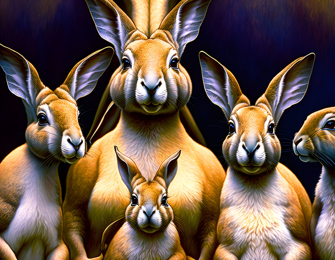 Five Kangaroos with Human-Like Expressions on Dark Blue Background