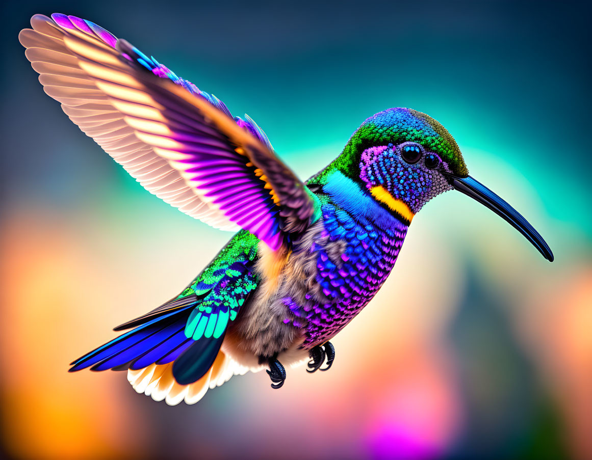 Colorful Hummingbird in Mid-Flight with Iridescent Feathers