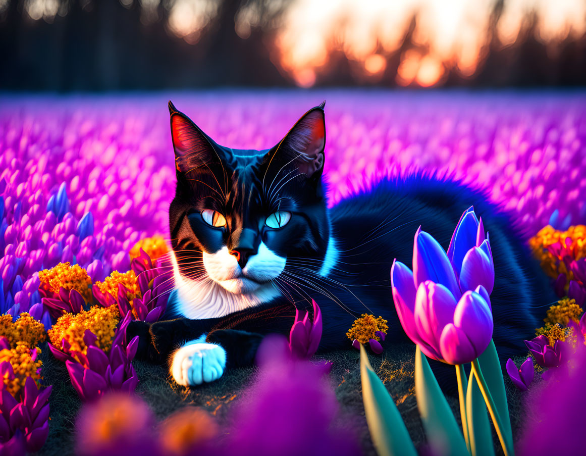 Black and White Cat Relaxing Among Purple Tulips and Marigolds at Sunset