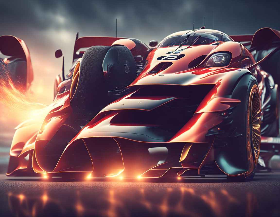 Vibrant red and black race car with glowing accents and aggressive aerodynamics