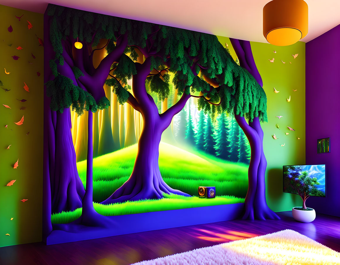 Colorful room with forest mural, purple floor, yellow lamp, screen, and multicolored rug