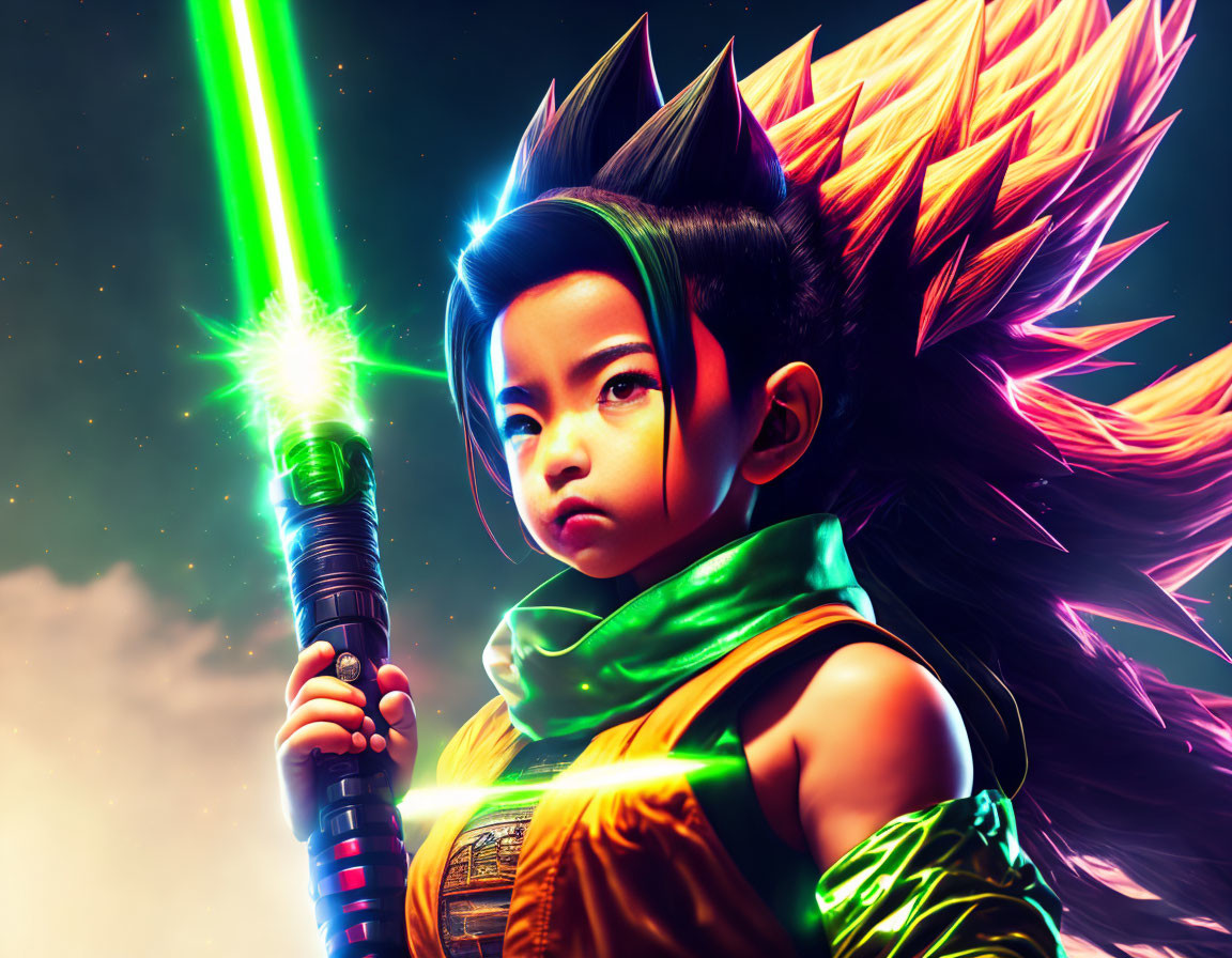 Young Child Wielding Green Lightsaber in Orange Outfit