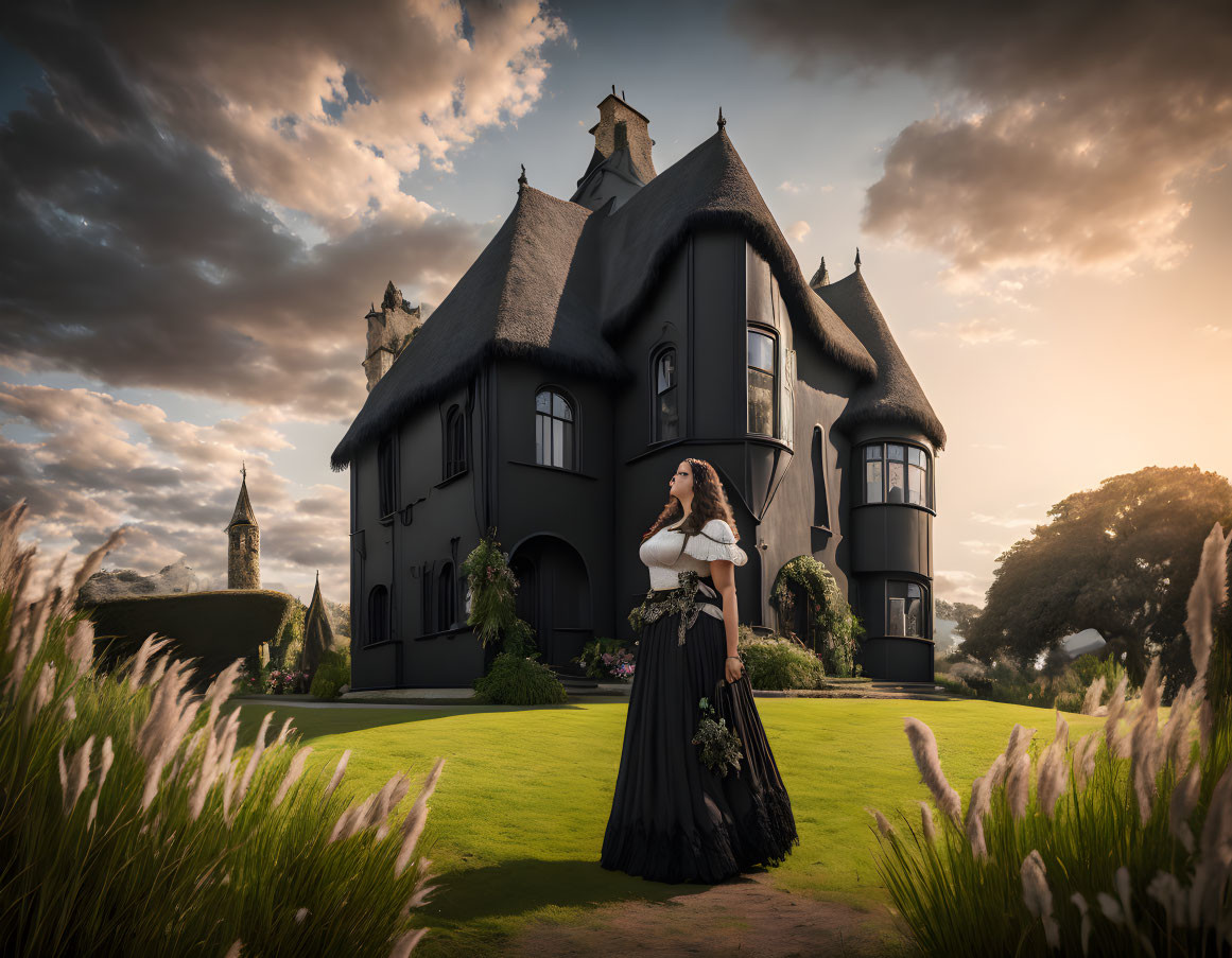 Woman in Black Dress Contemplating in Front of Whimsical Black House at Sunset