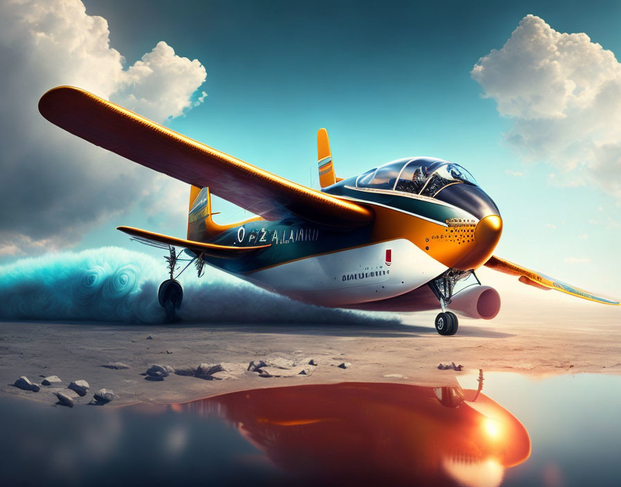 Vintage Single-Propeller Plane on Reflective Surface with Dramatic Clouds