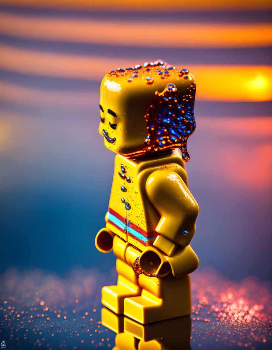 Water Droplets LEGO Figure on Orange and Blue Bokeh Background