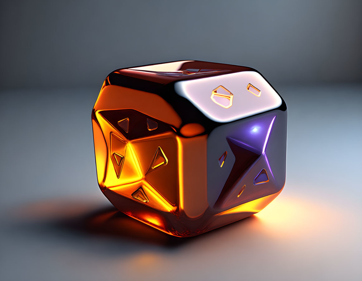 Translucent Orange and Purple Futuristic Dice on Reflective Gray Surface