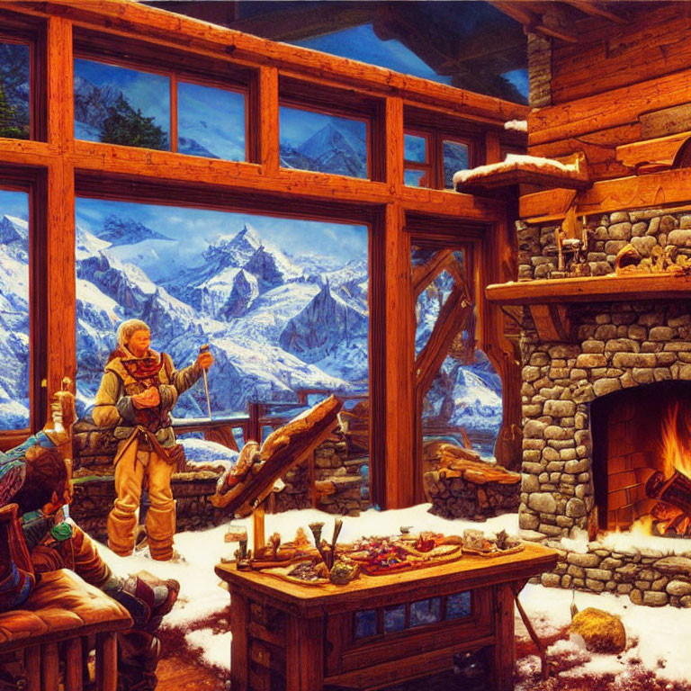 Medieval-themed cabin interior with fireplace and snowy mountain view