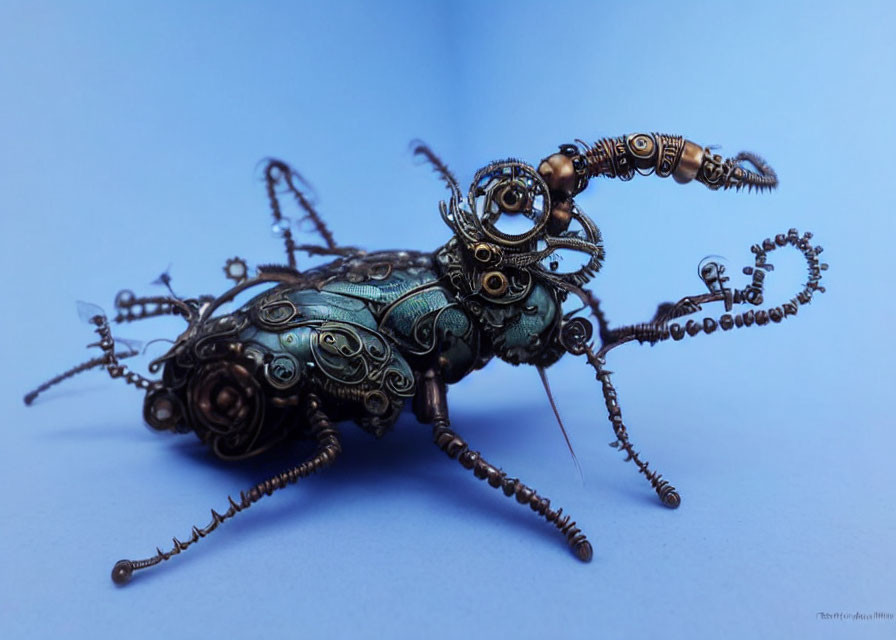 Steampunk-style mechanical ant sculpture with gears on blue background